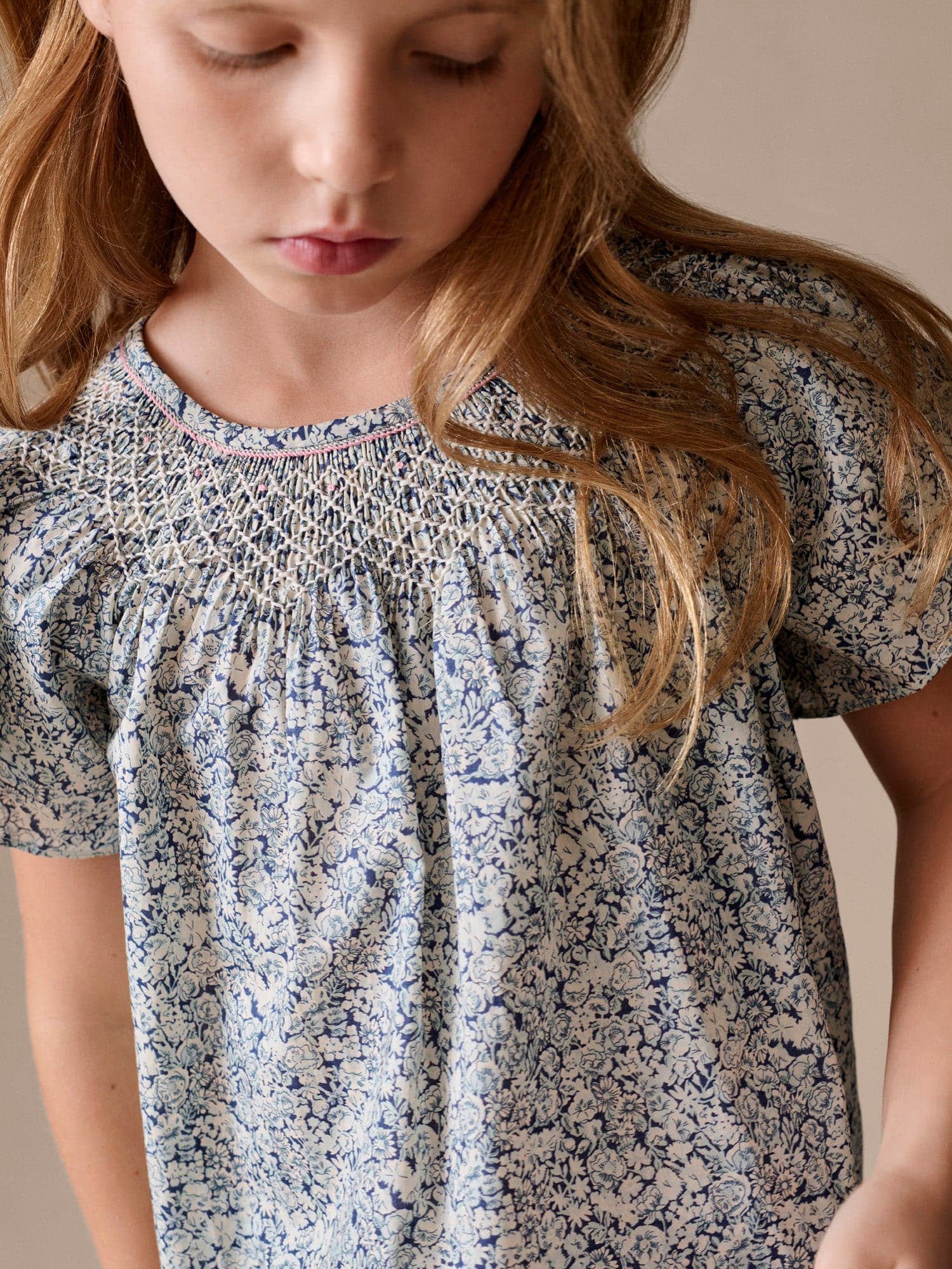 Nella smocked and hand-embroidered blouse in Liberty organic cotton fabric