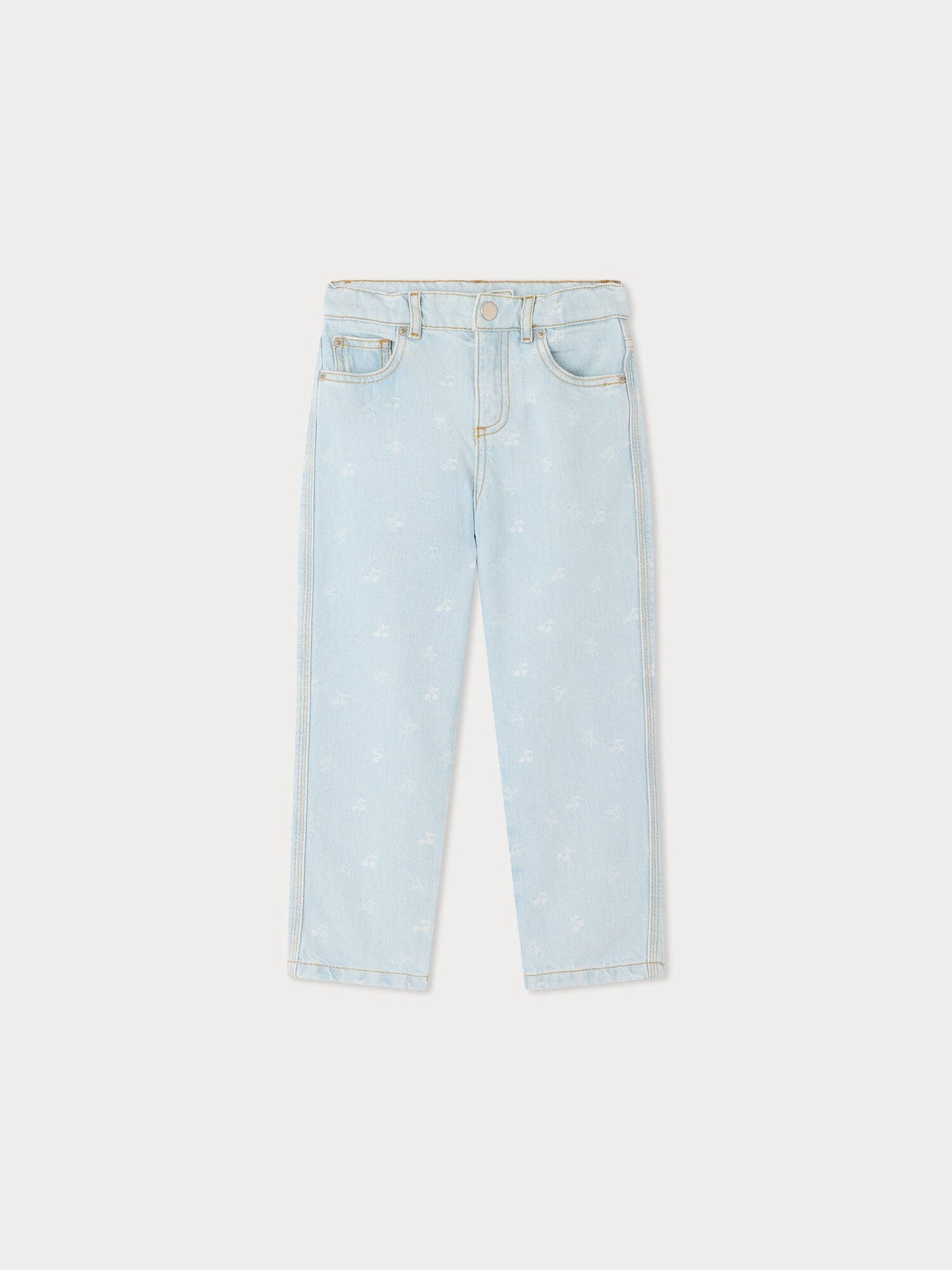 Eloha wide-leg denim trousers with cherry jacquard pattern