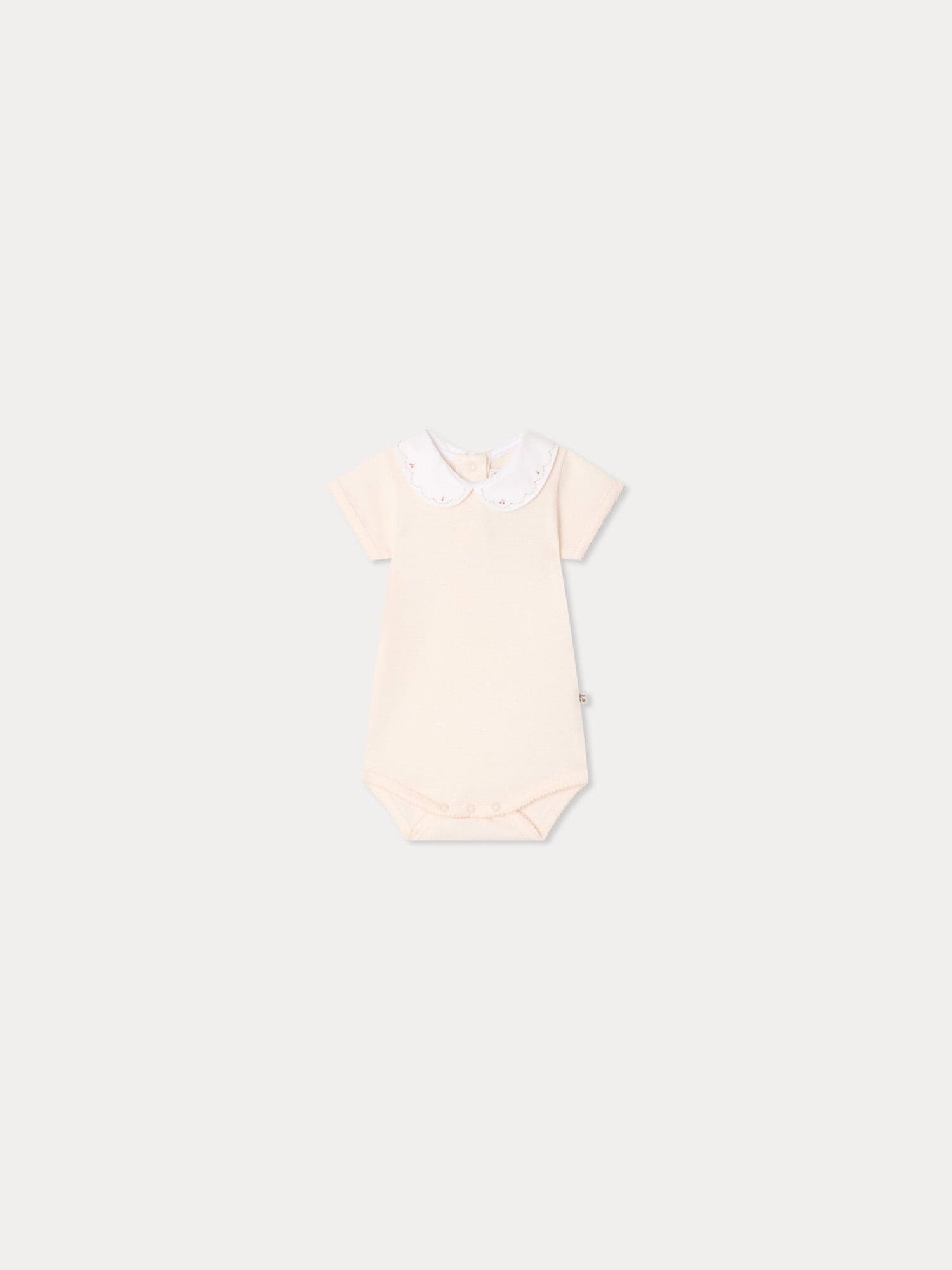 Cygne bodysuit with hand-embroidered cherries in organic cotton