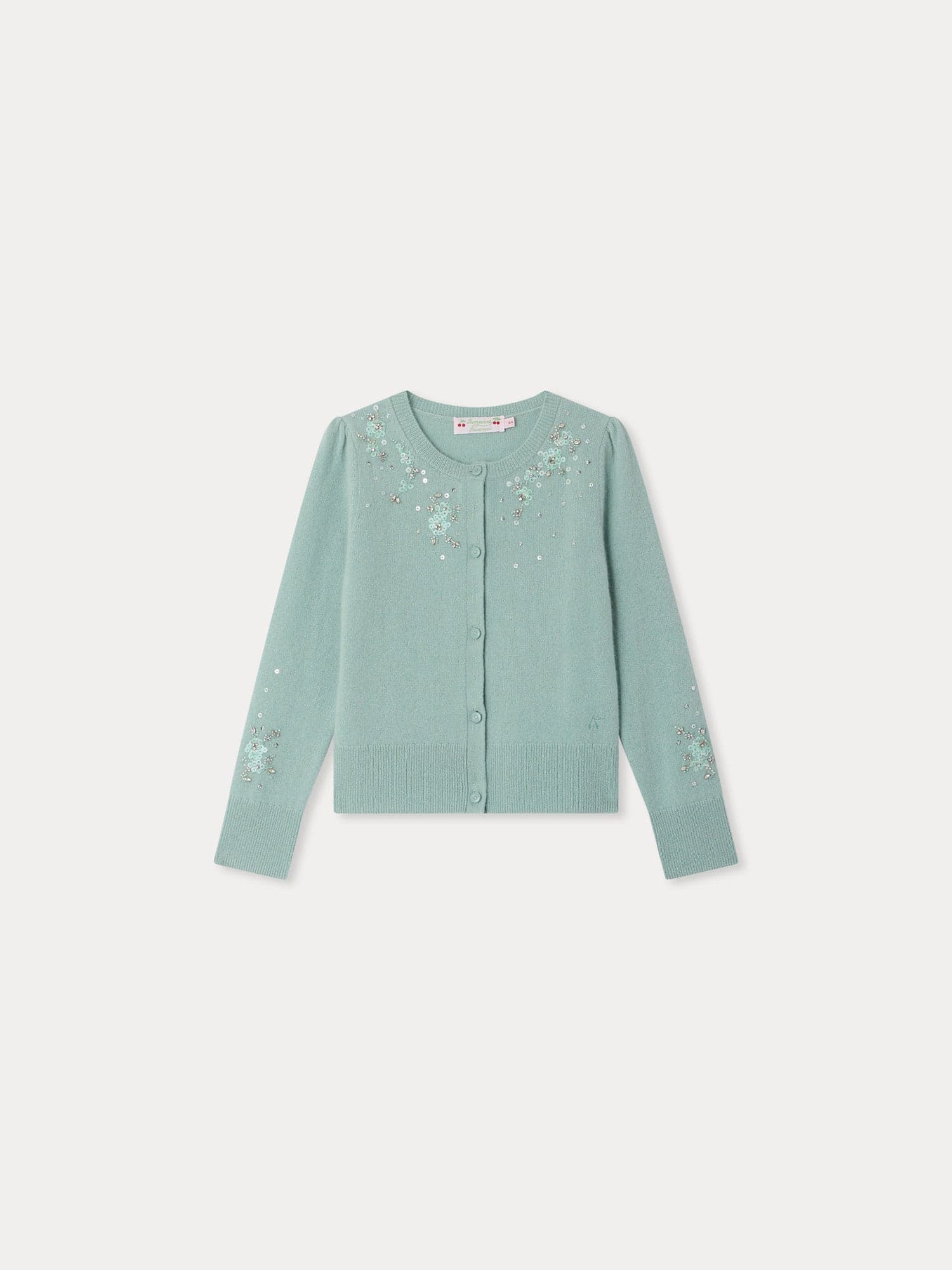 Louella cardigan with round neck and hand-embroidered beaded flowers in cashmere