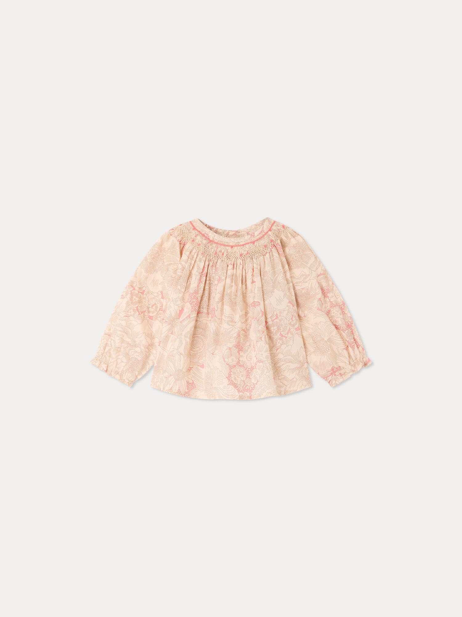 Griotte blouse smocked and hand-embroidered in Liberty organic cotton fabric