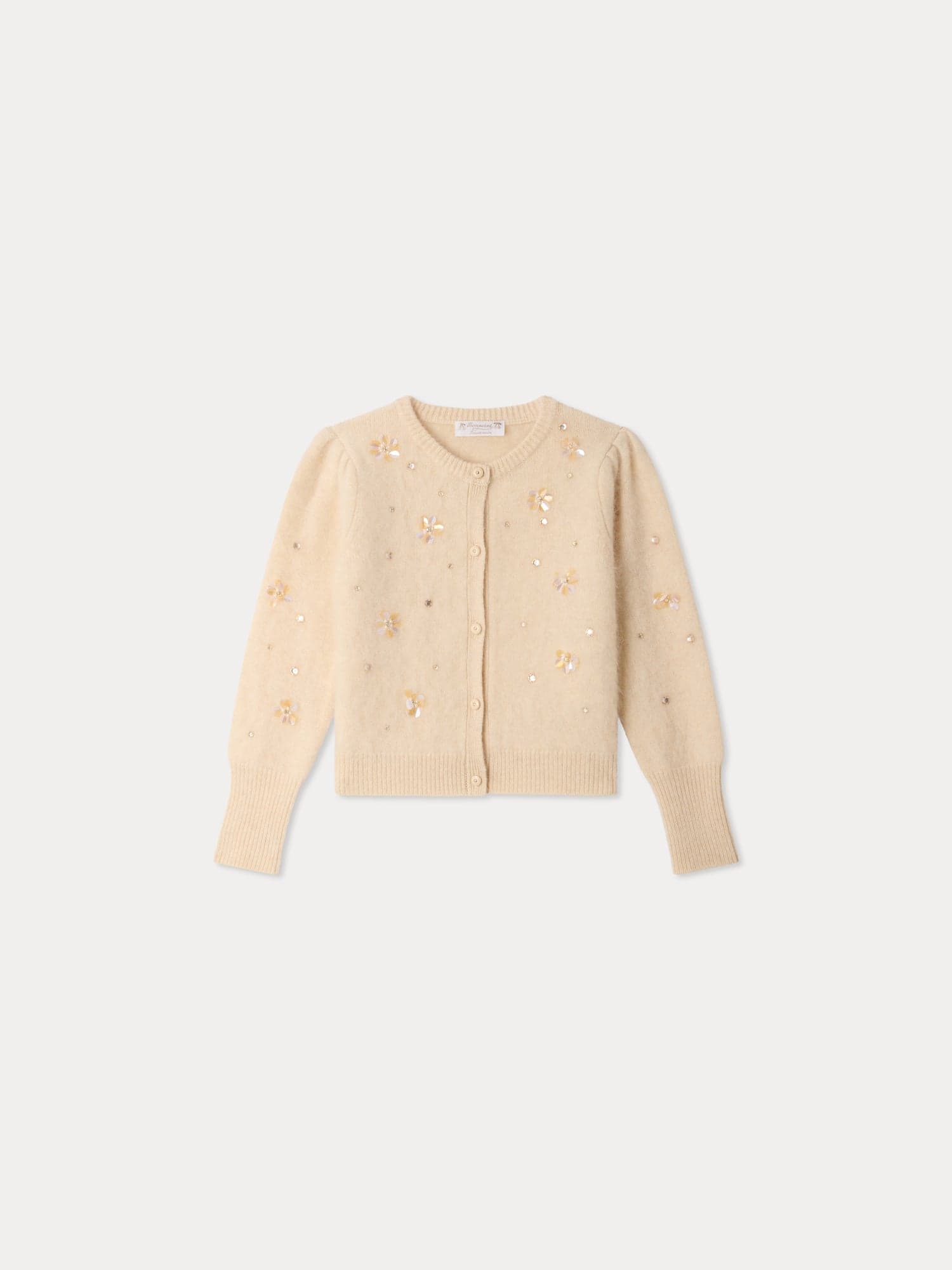 Méline cardigan with hand-embroidered flowers and rhinestones in wool