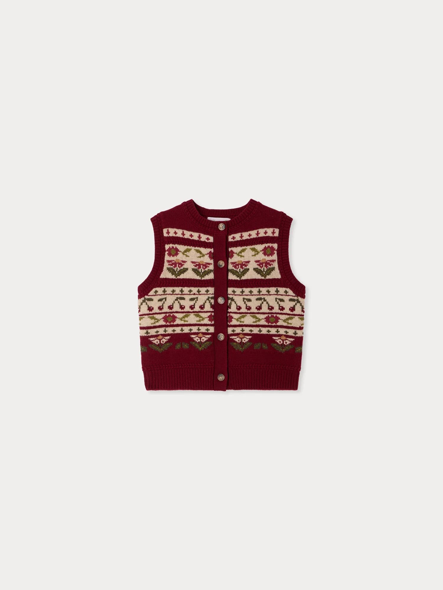 Cardigan Meriam sleeveless with cherry jacquard in wool