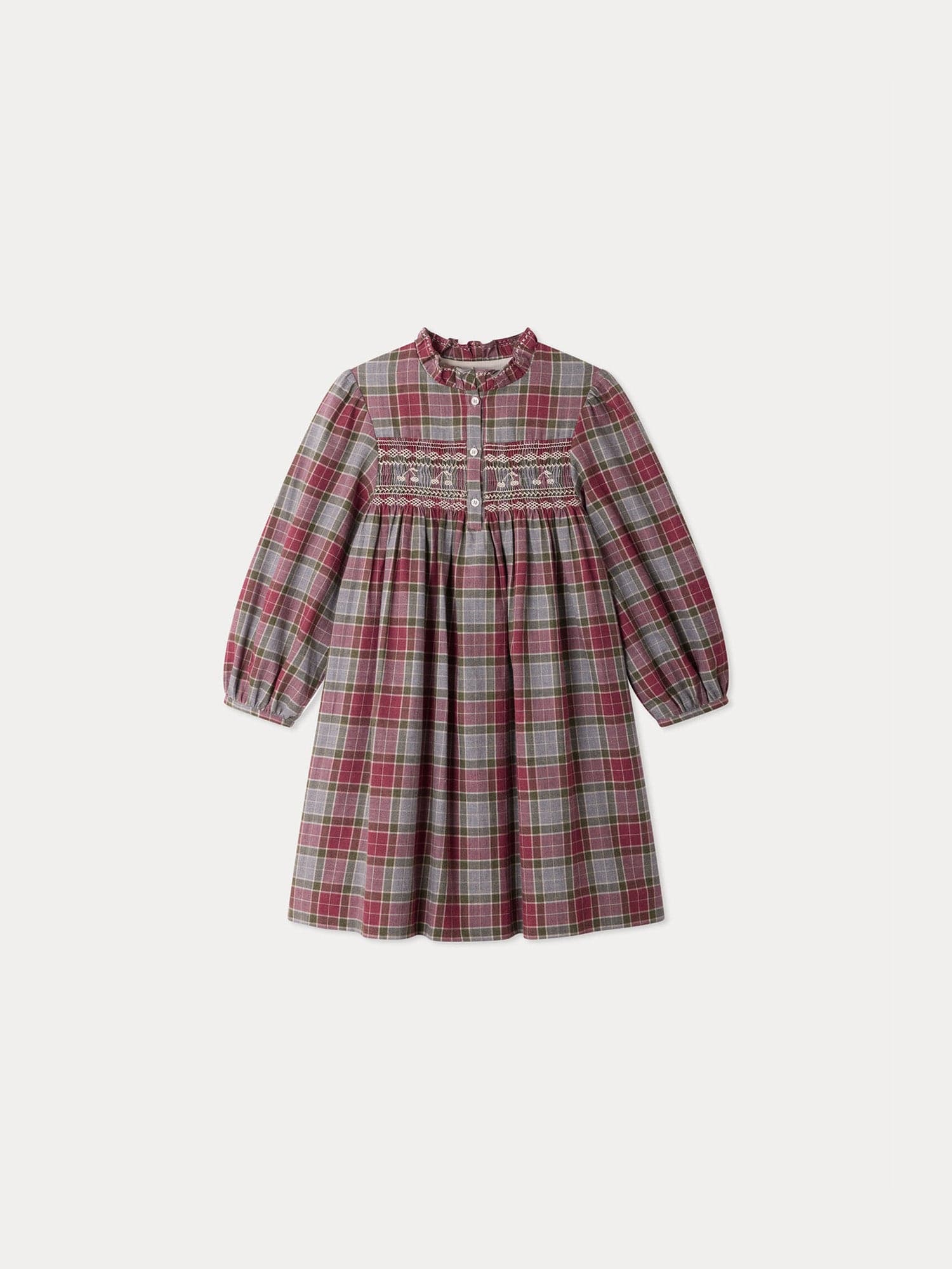 Maddalina checked smocked and hand-embroidered dress