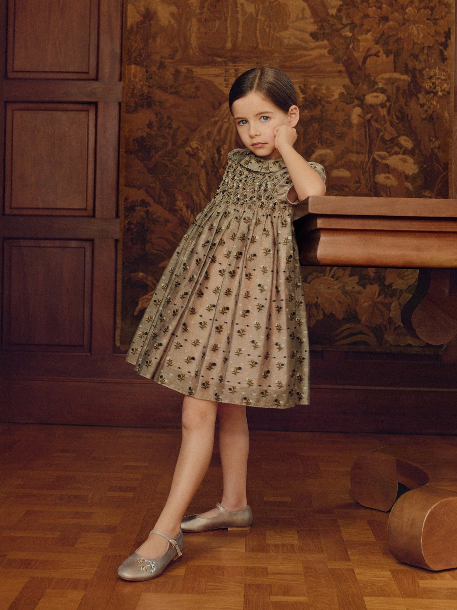 Dress Aurelie smocked and hand-embroidered in organza