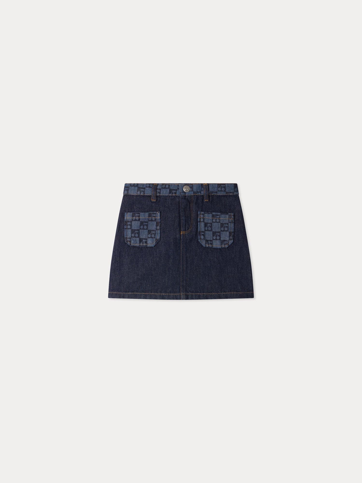 Tison cherry checkerboard-print denim skirt in organic cotton