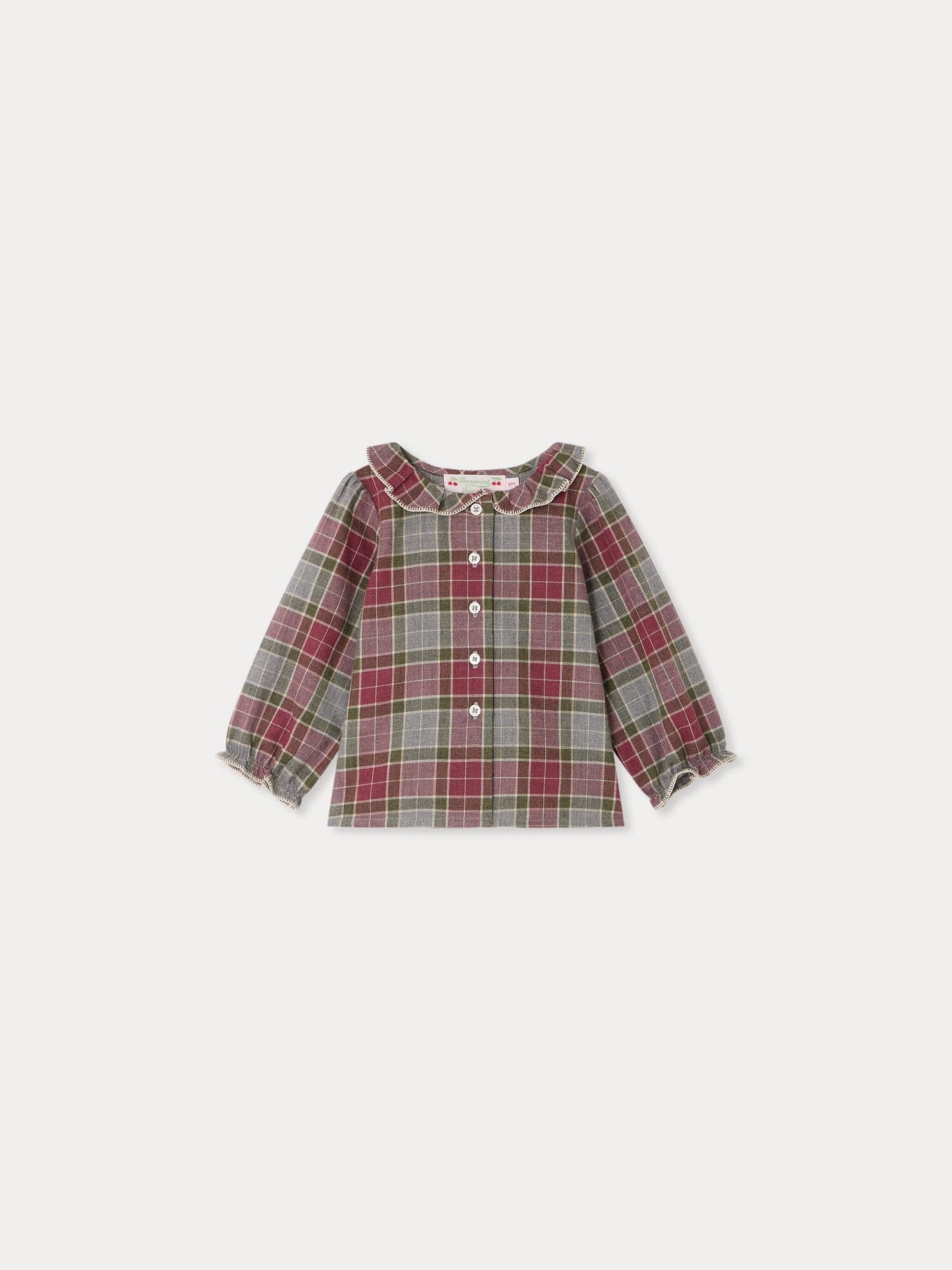 Jojoba baby blouse with hand-embroidered collar and multicoloured check