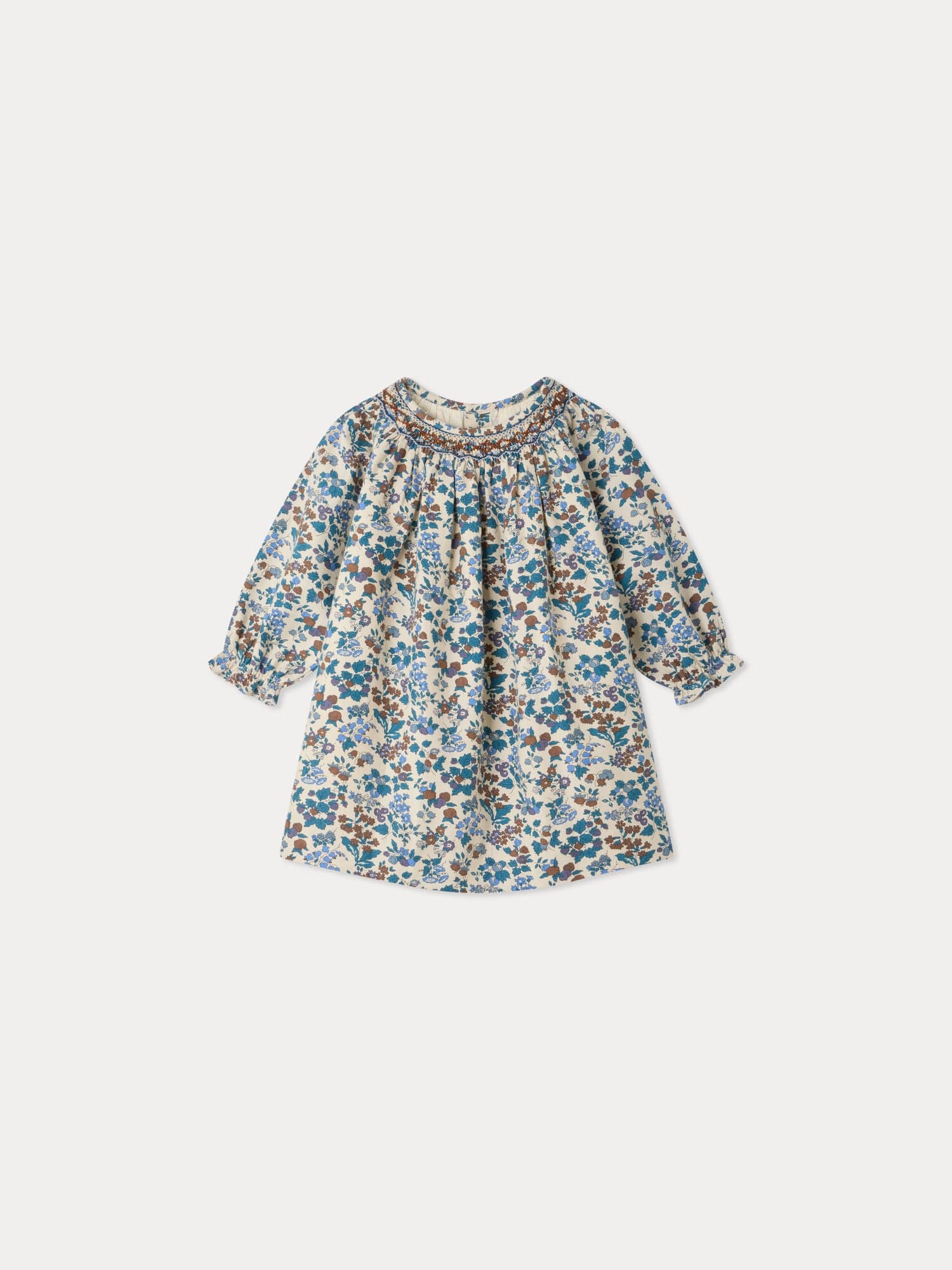 Griottine baby dress with smocking hand embroidery and floral print
