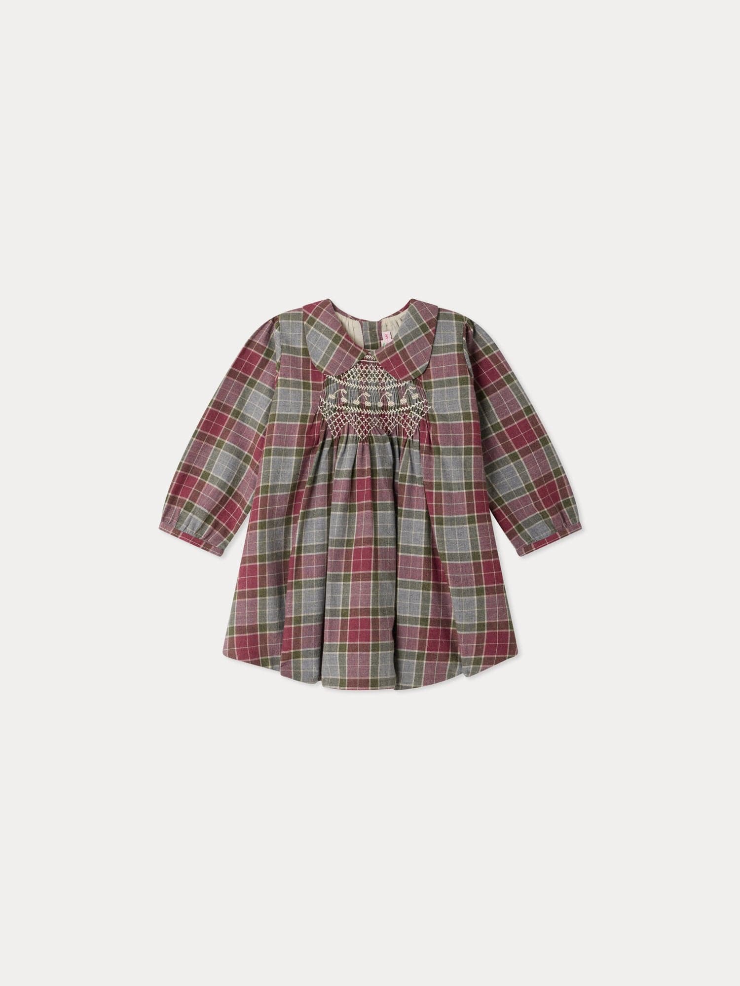 Mauve baby dress checked with Peter Pan collar smocking and hand embroidery