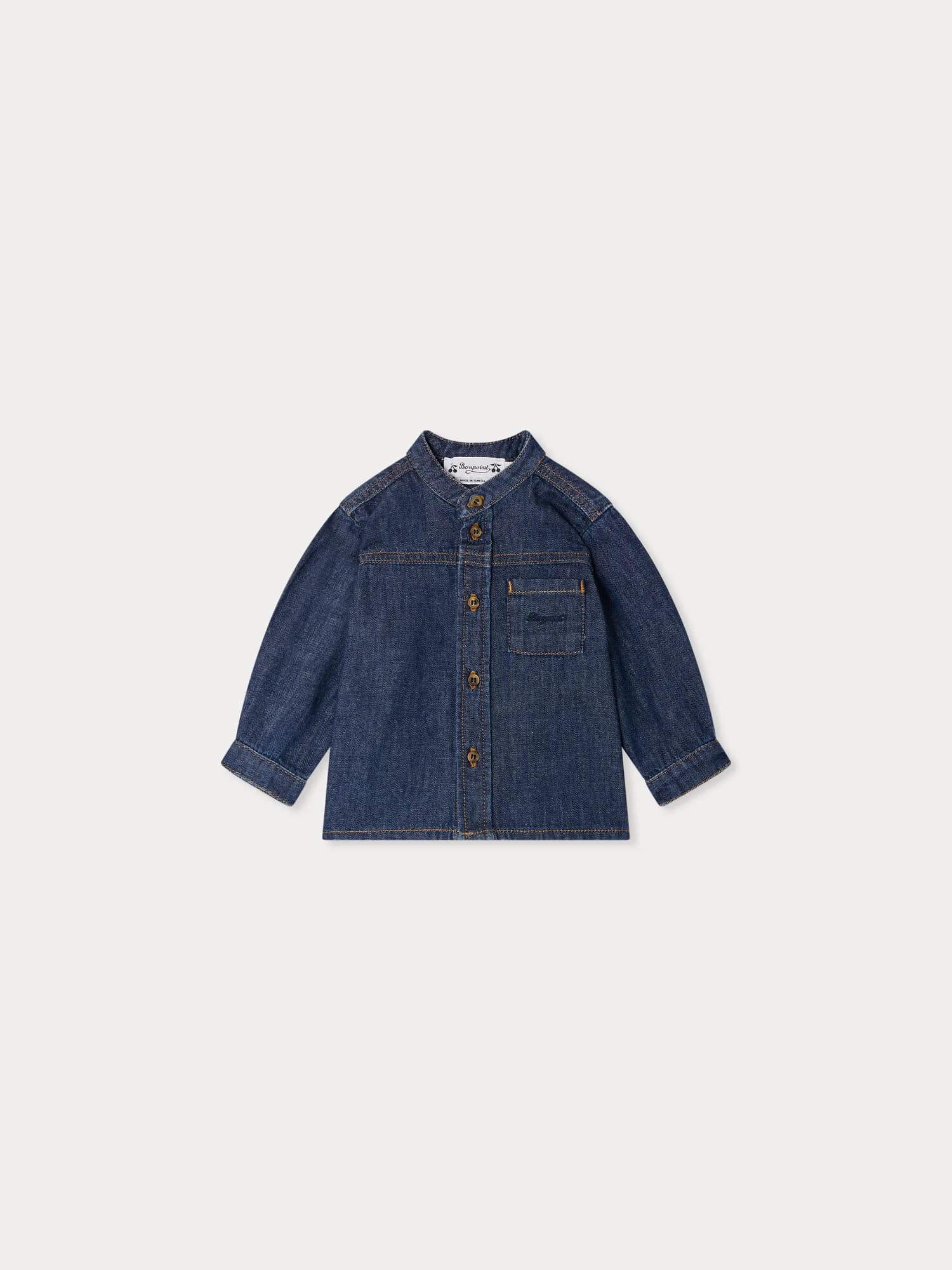 Jace baby shirt with mandarin collar and embroidered pocket in organic cotton